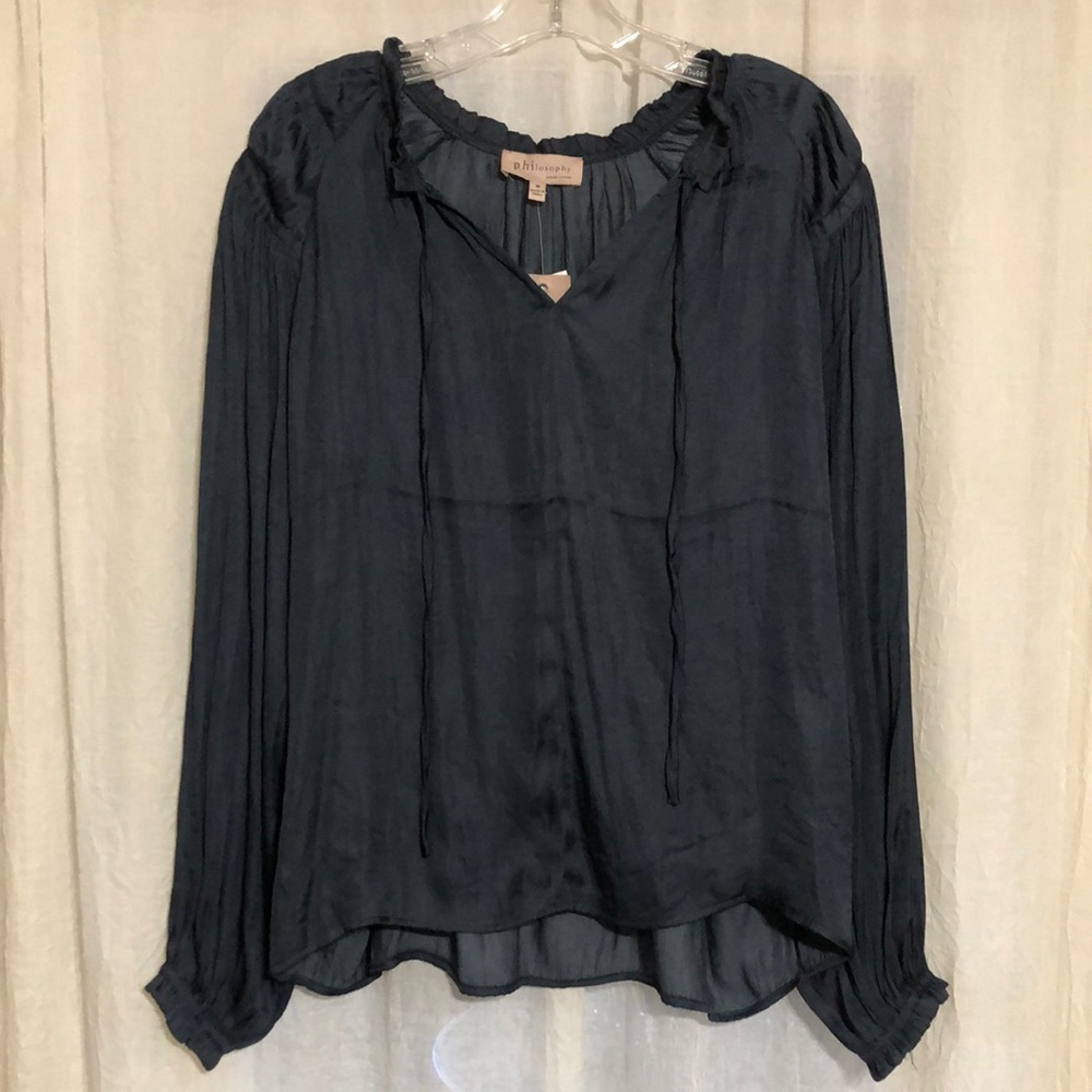 Philosophy Republic Clothing Silk-Look Satin Blouse NWT Navy Blue Size M Boho